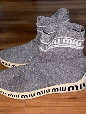 Miu Miu Silver-Gray Logo High Top Sock Sneakers